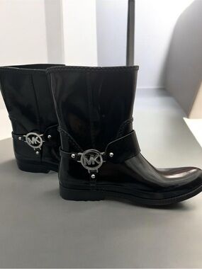 Michael Kors Black Patent Logo Strap Ankle Boots